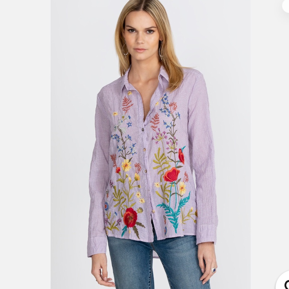 Johnny Was Workshop Provence Floral Embroidered Button Down Top Size L In Purple